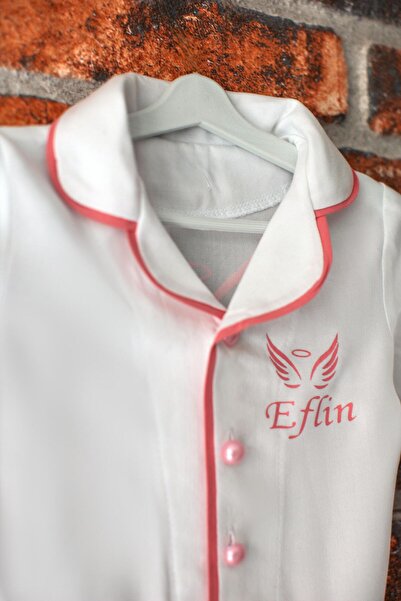 ADEREN KİDS BEYAZ PEMBE BİYELİ MELEK KANATLI İSİM BASKILI PİJAMA TAKIMI KİŞİY...