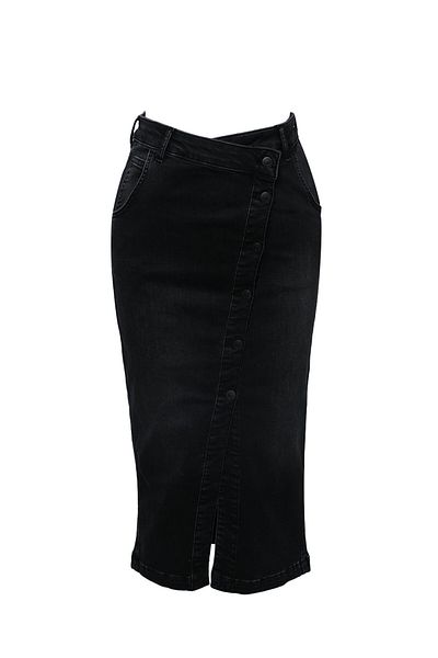BANNY JEANS Midi Length Lycra Black Jean Skirt with Side Buttons on the Front