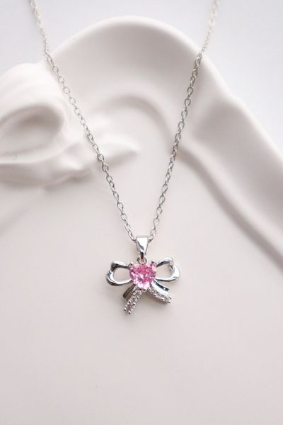 EFBUTİK Stainless Steel Silver Color Crystal Heart Bow Necklace