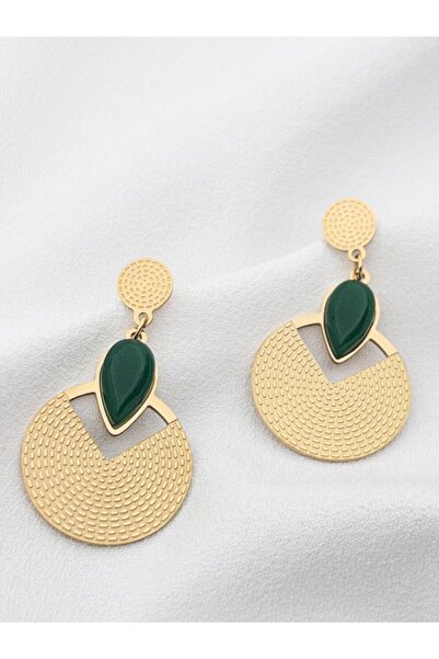 Siya Silver Kararmaz Çelik Yeşil Taşlı Otantik Sallantılı Plaka Küpe