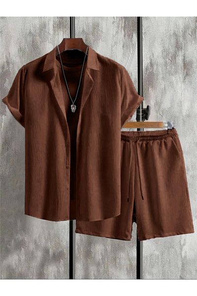 Altamira Men's Brown Short Sleeve Shirt Shorts Wrap Suit