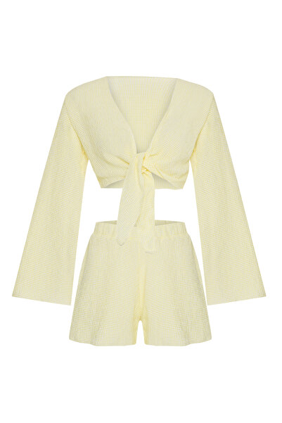 AQUELLA Žuti gingham set kratke majice i šortsa