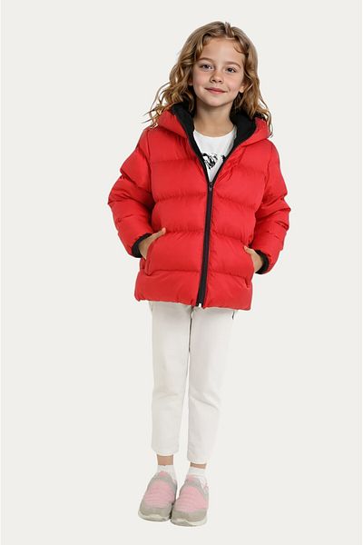 Montland Girl's Red Fleece Hooded Waterproof Wind-Resistant Pocket Puffer Winter Coat