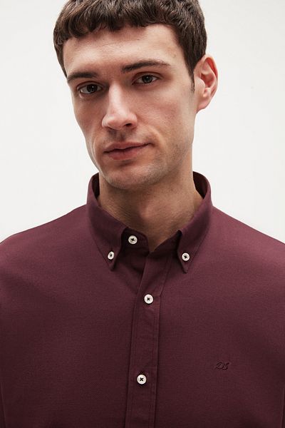 D'S Damat Ds Damat Slim Fit Plum Oxford με κουμπιά γιακά Εύκολο σιδέρωμα Βαμβακερό πουκάμισο με λεπτομέρεια κεντήματος