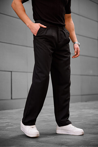 MAXIMILLIAN Ανδρικό παντελόνι με πτυχώσεις από ύφασμα, ΜΑΥΡΟ, σε φαρδιά γραμμή