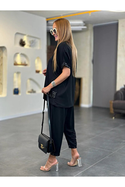 JANES Women's Sequin Sequin Detailed V-Neck Short Sleeve Large Size Two-Piece Set