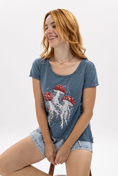 S-Ponder طباعة قنديل البحر - تي شيرت نسائي قطن 100%، رقبة دائرية