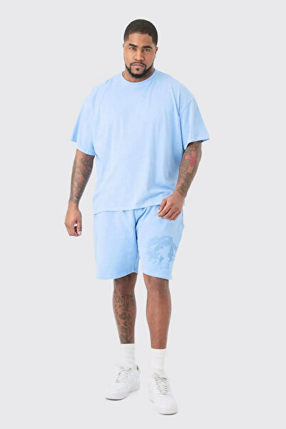 KAWEAR تي شيرت أزرق كبير الحجم من القطن الممشط مقاس كبير للجنسين