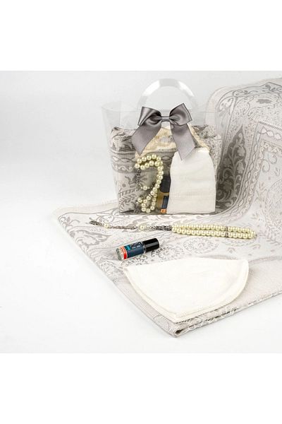 Hayrat Neşriyat Prayer Rug + Rosary + Skullcap + Essence Gift Set (Acetate Box with Bag, Gray)