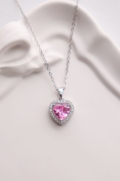 EFBUTİK Stainless Steel Silver Color Pink Heart Necklace with Stone