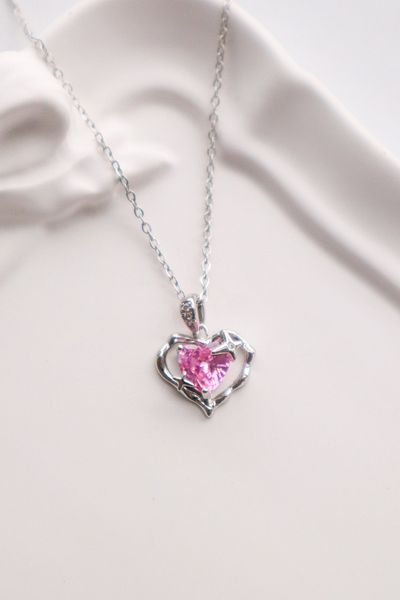 EFBUTİK Stainless Steel Silver Color Pink Stone Heart Waterway Necklace