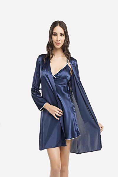 Generic Brand Lingerie Nbb Navy Blue Satin Nightgown Dressing Gown Set