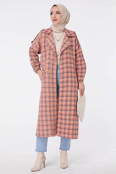 TOFİSA Orange Straight Jacket Collar Women's Trench - 13025