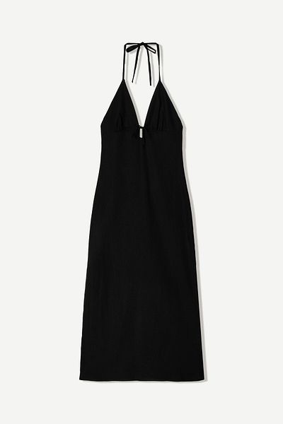 Bershka Linen blend halter midi dress with tie detail