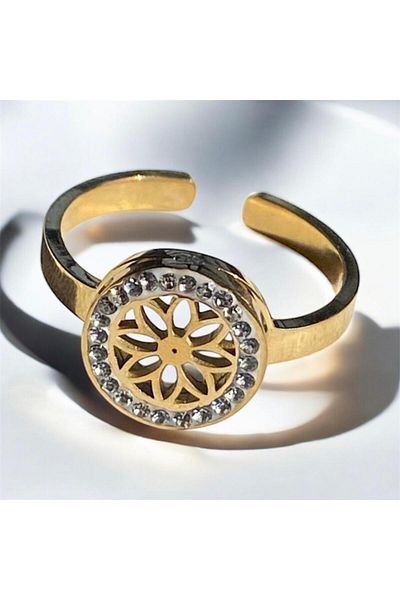 Hayalet Gold Color Flower Motif and Adjustable Steel Ring