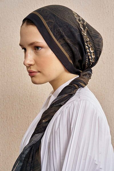ED Scarf Кафяв памучен копринен перлен шал