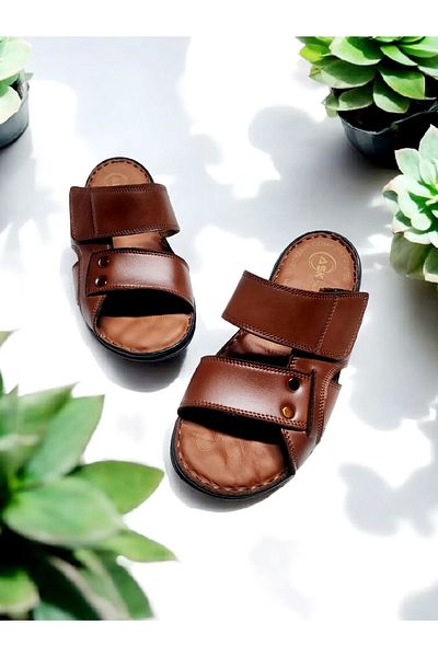 GokceKundura06 Ανδρικές παντόφλες από γνήσιο δέρμα Velcro ρυθμιζόμενες για το σπίτι και το εξωτερικό