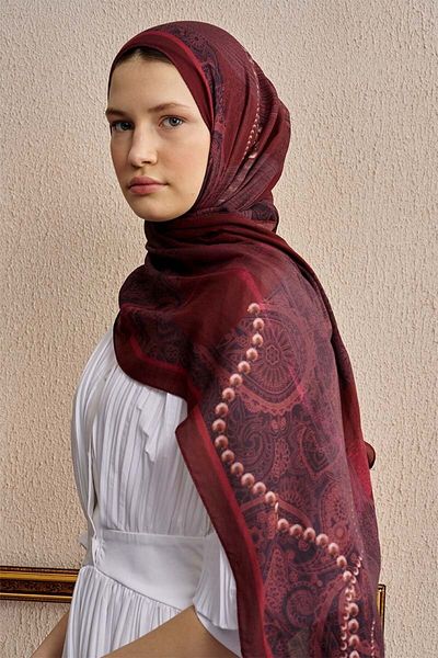 ED Scarf Red Cotton Silk Pearl Shawl