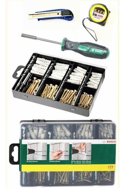 Bosch 173 Parça Dübel, SDS Plus Matkap Uçlu Sabitleme Aksesuar Seti+Tornavida +5 Metre +Falçata