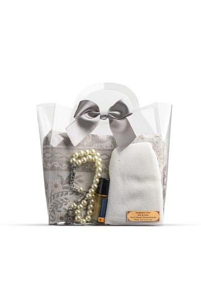 Hayrat Neşriyat Prayer Rug + Rosary + Skullcap + Essence Gift Set (Acetate Box with Bag, Gray)