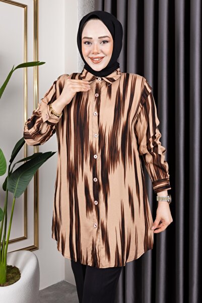 Sfg Life Moda Κομψά μοτίβα υφαντό πουκάμισο-τουνίκ με λεπτομέρεια με κουμπί στο μπροστινό μέρος, κατάλληλο για γυναικεία ρούχα Hijab και αθλητικά ρούχα