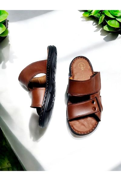 GokceKundura06 Ανδρικές παντόφλες από γνήσιο δέρμα Velcro ρυθμιζόμενες για το σπίτι και το εξωτερικό