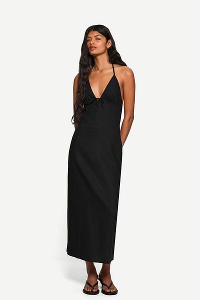 Bershka Linen blend halter midi dress with tie detail