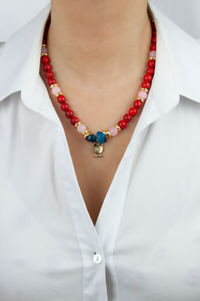 Liveyn Design قلادة من حجر الكوارتز الطبيعي باللون الأحمر الفيروزي والوردي مع...