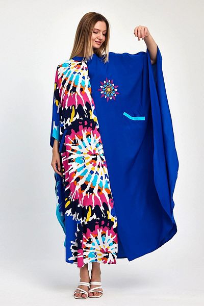 Keyifli Moda Saks Blue Embroidered Patterned - Oversize Women's Dress with Pockets
