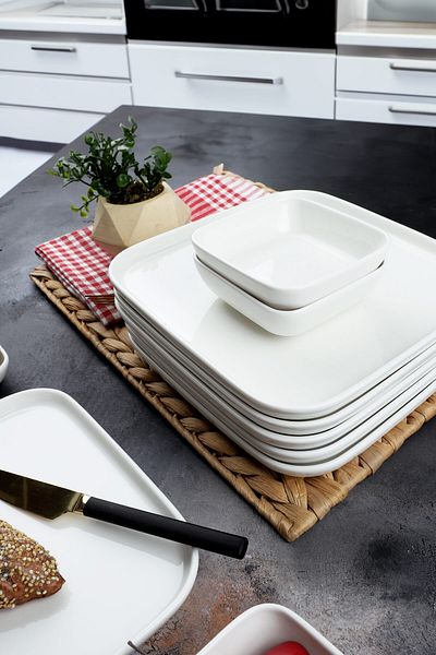 Porselen Diyarı Etka Porcelain Series 14 Piece White Square Oval Edge Breakfast Set for 6 People