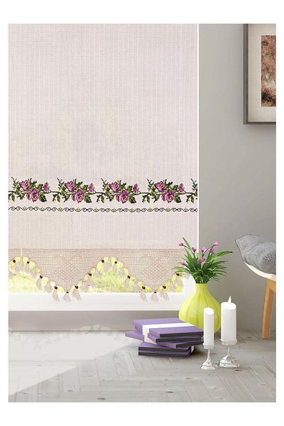 Demirhan Perde Buldan Işi Lilac Cross Stitched Authentic Bohemian Natural Cotton Linen Curtain