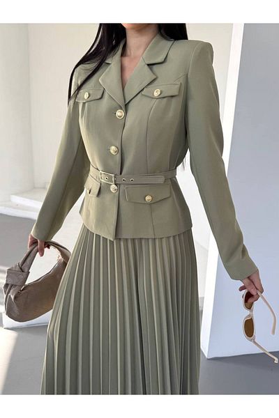 guller tekstil Women's Stylish Skirted Jacket Belt Suit