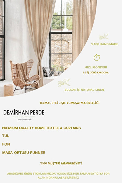 Demirhan Perde Natural Cotton Monika Curtain Buldan Handwork Authentic Bohemian Curtain-Linen Cotton Beige