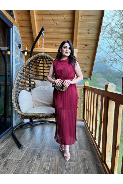 Aysel Boutiquee Bordo Japone Kol İç Astarlı Kemerli Çift Yırtmaçlı Pileli Elbise A009