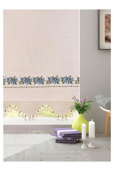 Demirhan Perde Blue Cross Stitched Natural Bohemian Fenalığı Authentic Curtain and Cotton Linen