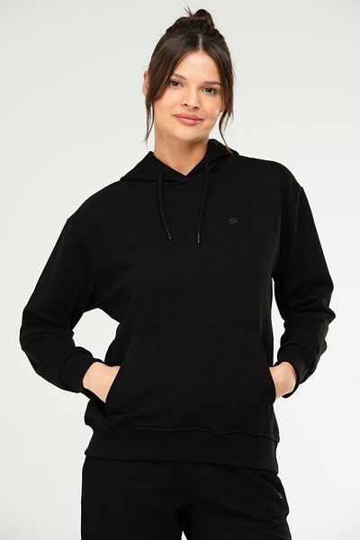 speedlife Hanorac negru oversize din bumbac de bază cu glugă, buzunar cangur, pentru femei SC1242