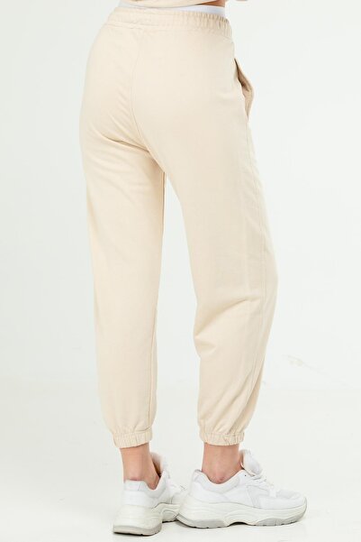 speedlife Beige Oversize Basic Cotton High Waist Rubber Leg Women's Tracksuit Bottom Sd1000