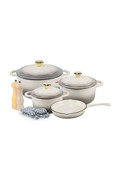 VAV GET 7-piece Enameled Cast Iron Dutch Oven Set With Lids, Gloves & 2-piece Spice Mills