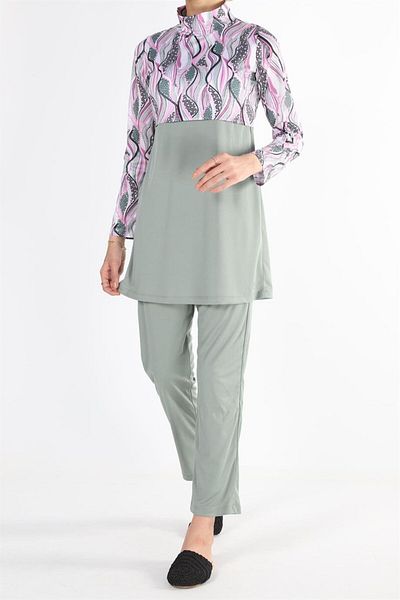 Plistre 2156_patterned Full Covered 3-Piece Hijab Swimsuit