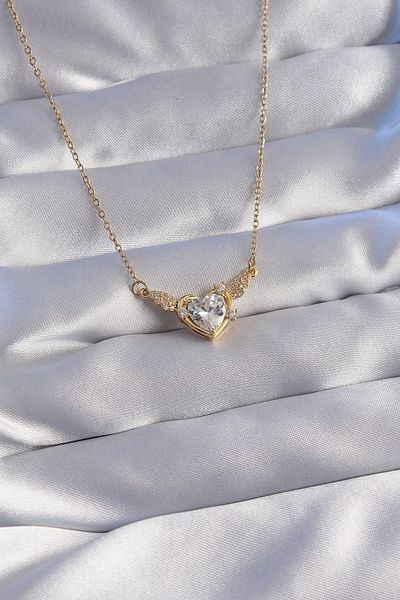 Store 316L Steel Chain Gold Color Zircon Stone Winged Heart Necklace