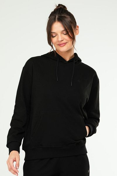 speedlife Hanorac negru oversize din bumbac de bază cu glugă, buzunar cangur, pentru femei SC1242
