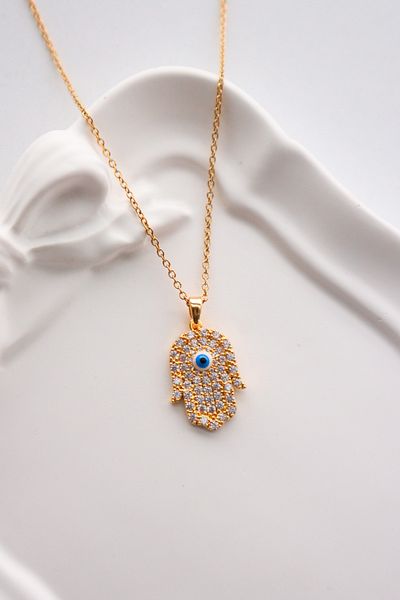EFBUTİK Stainless Steel Gold Color Stone Evil Eye Bead Hand Necklace