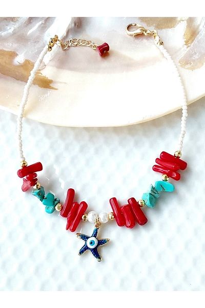 By Song Aksesuar Natural Stone Red Blue Coral Anklet