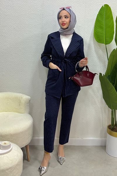 Tesettür Diyarı Women's Striped Polyviscon Fabric Jacket and Trousers Suit-Navy Blue