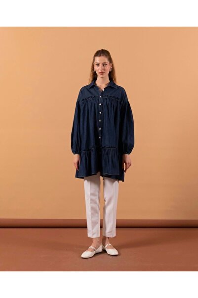Stilife 25Y2309 TUNİK KOT KOL LASTİKLİ ÖNÜ DÜĞMELİ KOYU MAVİ