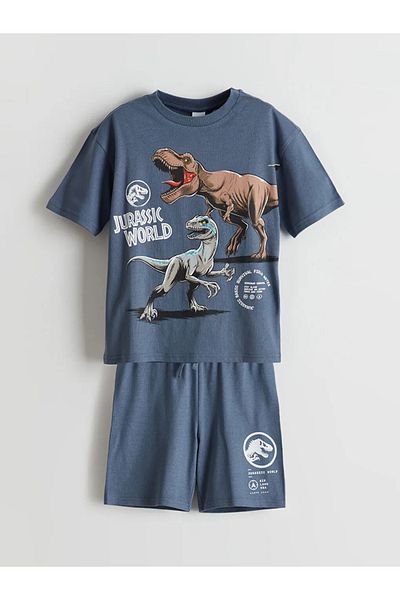 LC Waikiki Lcw Kids Blue Crew Neck Jurassic World Printed Boys' T-Shirt and Shorts