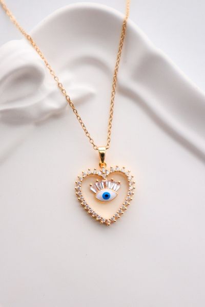 EFBUTİK Stainless Steel Gold Color Stone Heart Evil Eye Bead Necklace