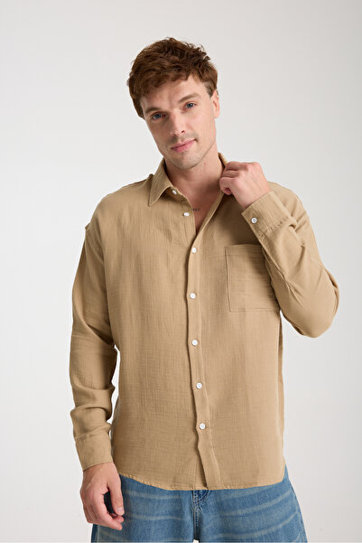 Richarlison Erkek Bej %100 Pamuklu Keten Dokulu Müslin Kumaş Cepli Uzun Kollu...