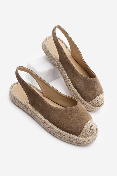 Marjin Kamelfarbene Wildleder-Damensandalen – echtes Leder, offener Rücken, Jute-Espadrille