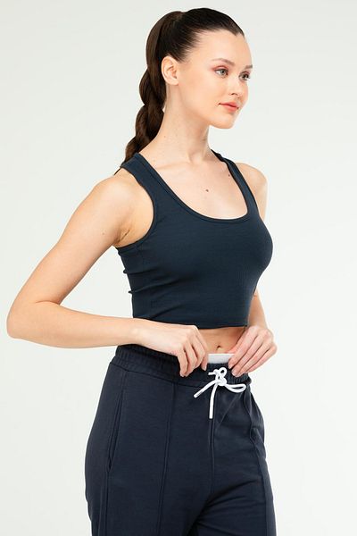 speedlife Top crop pentru femei, fără mâneci, cu bretele, slim fit, albastru bleumarin SC1242